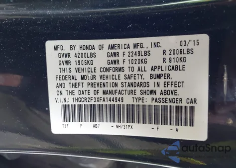 2015 Honda Accord Lx z USA, uszkodzony, nr VIN 1HGCR2F3XFA144949